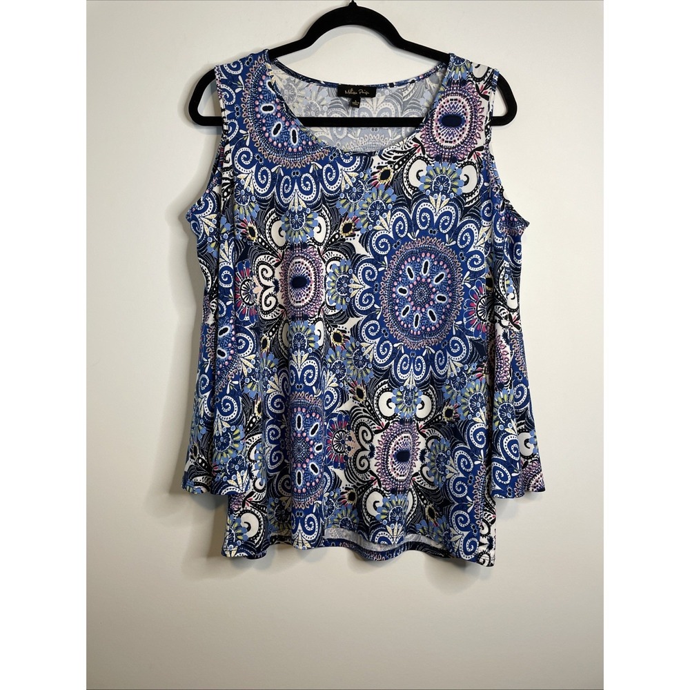 Melissa Paige Large Blue Paisley Cold Shoulder Bell Sleeve Stretch Top